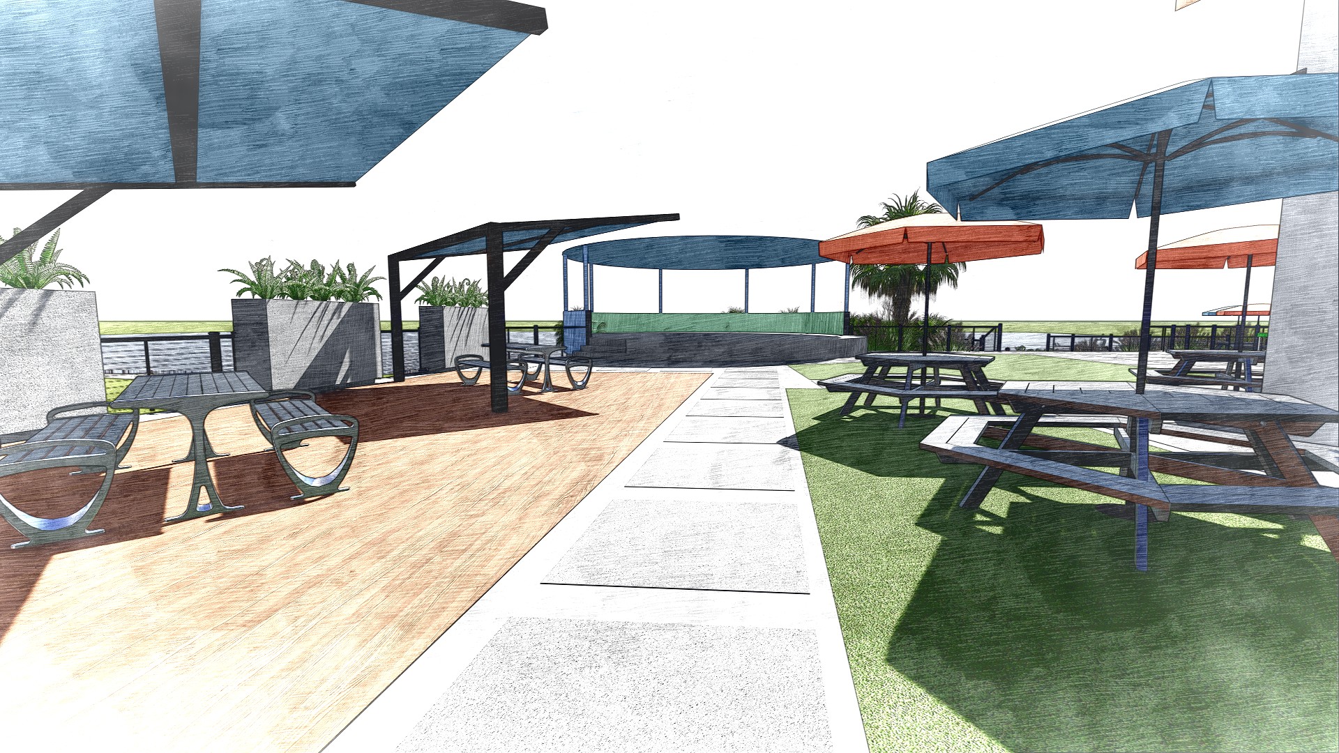 Conceptual rendering of covered and open-air patio seating